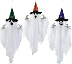 3pcs Halloween Hanging White Ghost With Hats 24.8in -Holiday Discount Store 24.8 White Ghost with Colored Hats 3 Pack 2 600x535 1