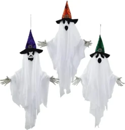 3pcs Halloween Hanging White Ghost With Hats 24.8in -Holiday Discount Store 24.8 White Ghost with Colored Hats 3 Pack 5 600x627 1