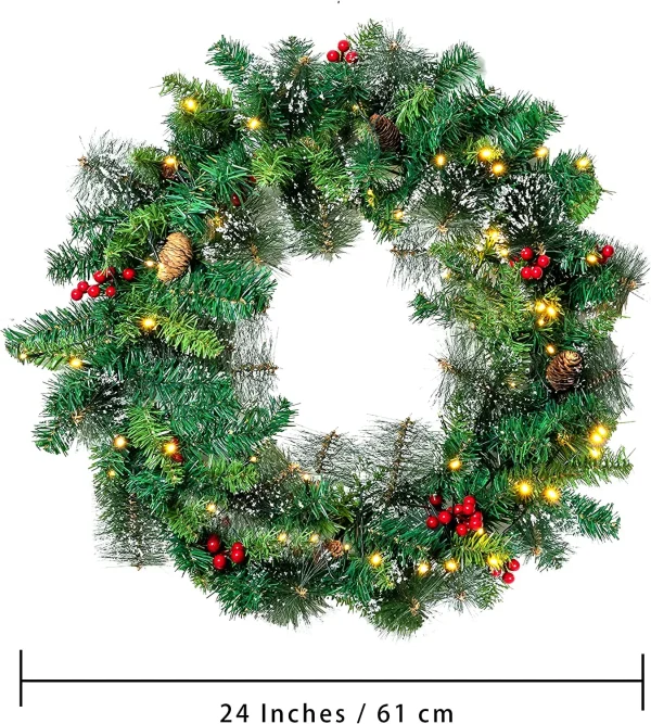 50 LED Battery Operated Snow Flocked Wreath 24in 4 50 LED Battery Operated Snow Flocked Wreath 24in - Image 4