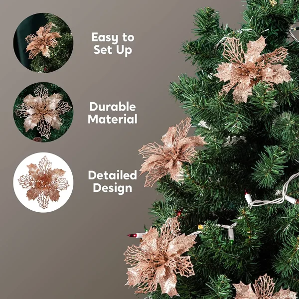 24pcs Rose Gold Christmas Poinsettia Flower Decorations 4 24pcs Rose Gold Christmas Poinsettia Flower Decorations - Image 4