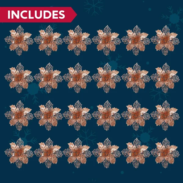 24pcs Rose Gold Christmas Poinsettia Flower Decorations 6 24pcs Rose Gold Christmas Poinsettia Flower Decorations - Image 6