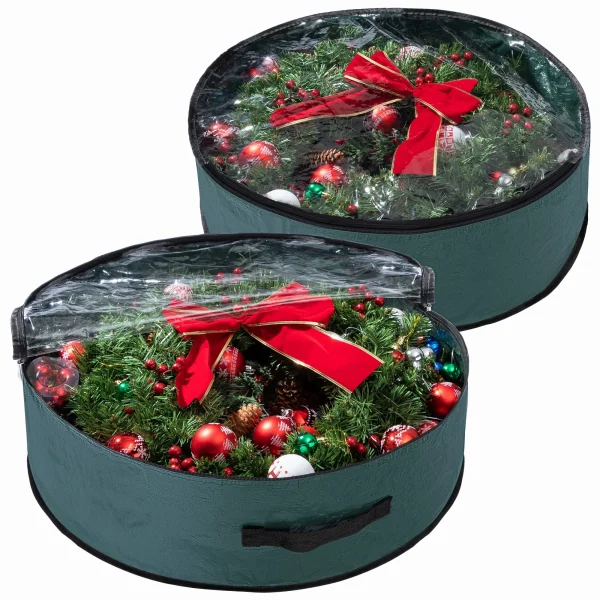 2Pcs Christmas Wreath Green Storage Bag With Clear Window 1 2Pcs Christmas Wreath Green Storage Bag With Clear Window
