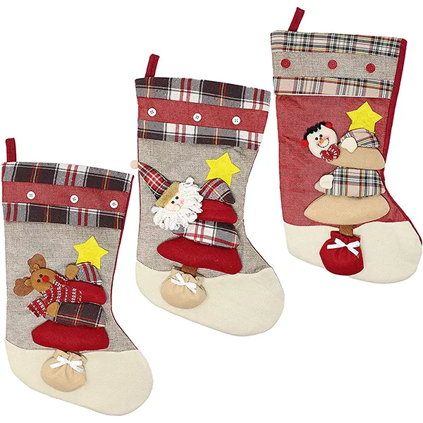 3pcs 3D Burlap And Plaid Christmas Stockings 18in 1 3pcs 3D Burlap And Plaid Christmas Stockings 18in