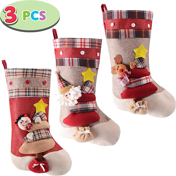 3pcs 3D Burlap And Plaid Christmas Stockings 18in 2 3pcs 3D Burlap And Plaid Christmas Stockings 18in - Image 2