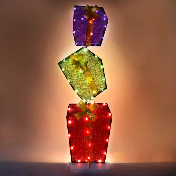 60 LED Christmas Tinsel Stacked Gift Boxes 4ft 1 60 LED Christmas Tinsel Stacked Gift Boxes 4ft