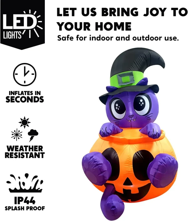 5ft Witch's Cat In Pumpkin Inflatable Decoration 3 5ft Witch's Cat In Pumpkin Inflatable Decoration - Image 3
