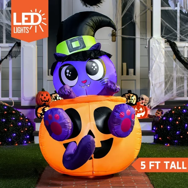 5ft Witch's Cat In Pumpkin Inflatable Decoration 2 5ft Witch's Cat In Pumpkin Inflatable Decoration - Image 2