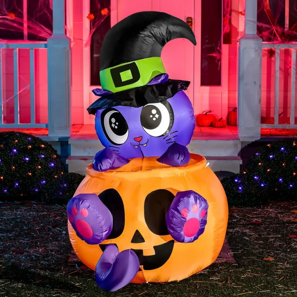 5ft Witch's Cat In Pumpkin Inflatable Decoration 1 5ft Witch's Cat In Pumpkin Inflatable Decoration
