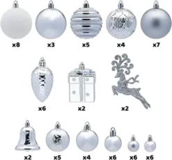 66pcs White And Silver Christmas Ornaments -Holiday Discount Store 66Pcs Christmas Assorted Ornaments Silver amp White 1 600x558 1