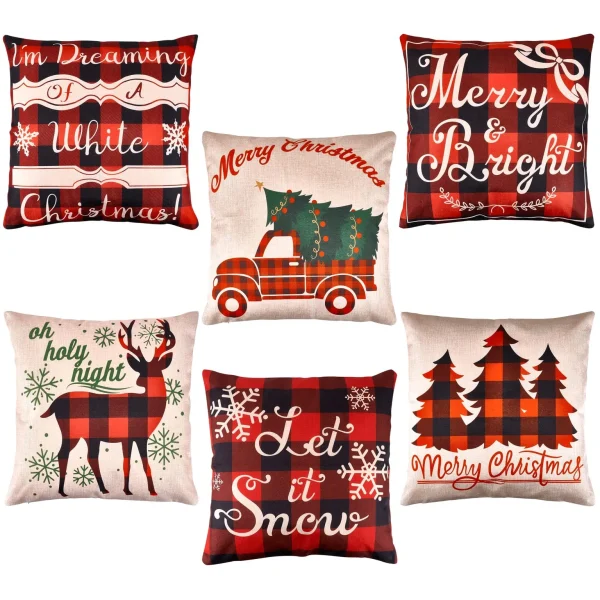 6pcs Buffalo Plaid Pillow Covers Tree And Reindeer 1 6pcs Buffalo Plaid Pillow Covers Tree And Reindeer