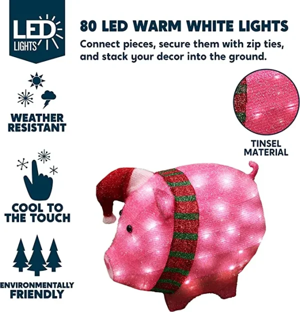 80 LED Tinsel Pig Outdoor Yard Lights 21in 2 80 LED Tinsel Pig Outdoor Yard Lights 21in - Image 2