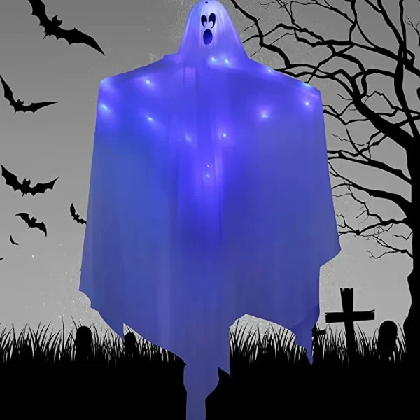 White Hanging Ghosts With Blue LED Light 47in 2 White Hanging Ghosts With Blue LED Light 47in - Image 2
