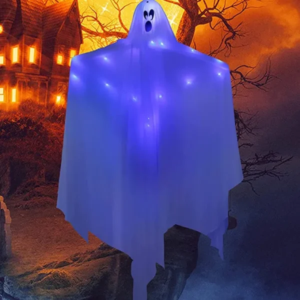 White Hanging Ghosts With Blue LED Light 47in 1 White Hanging Ghosts With Blue LED Light 47in